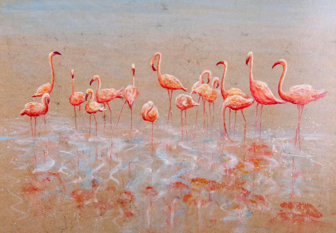 Flamingos,16x24 inches, on elephant dung paper by Sarah Elder