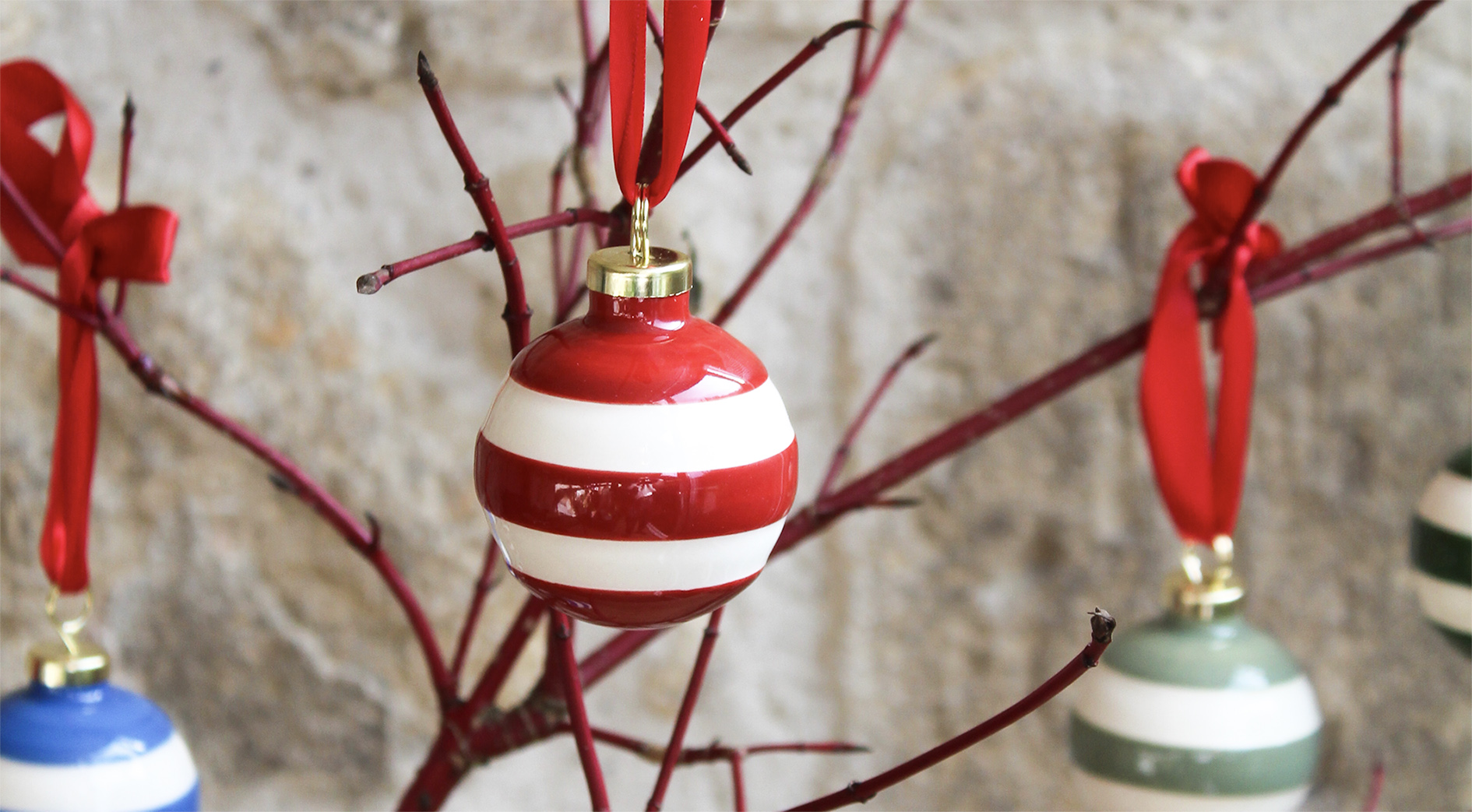 ceramic striped baubles made in Cornwall ceramic striped baubles made in Cornwall