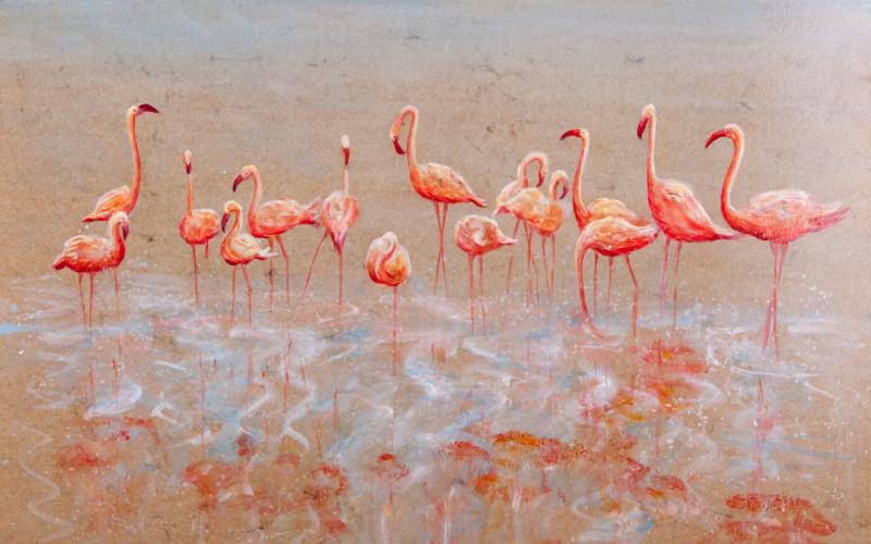 Flamingos,16x24 inches, on elephant dung paper by Sarah Elder