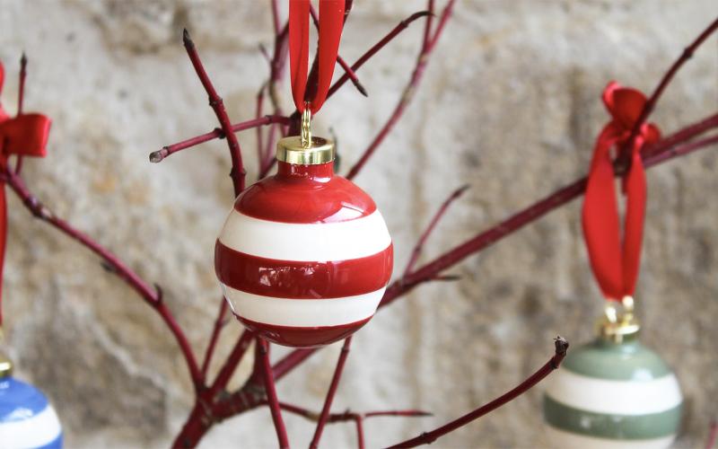 ceramic striped baubles made in Cornwall